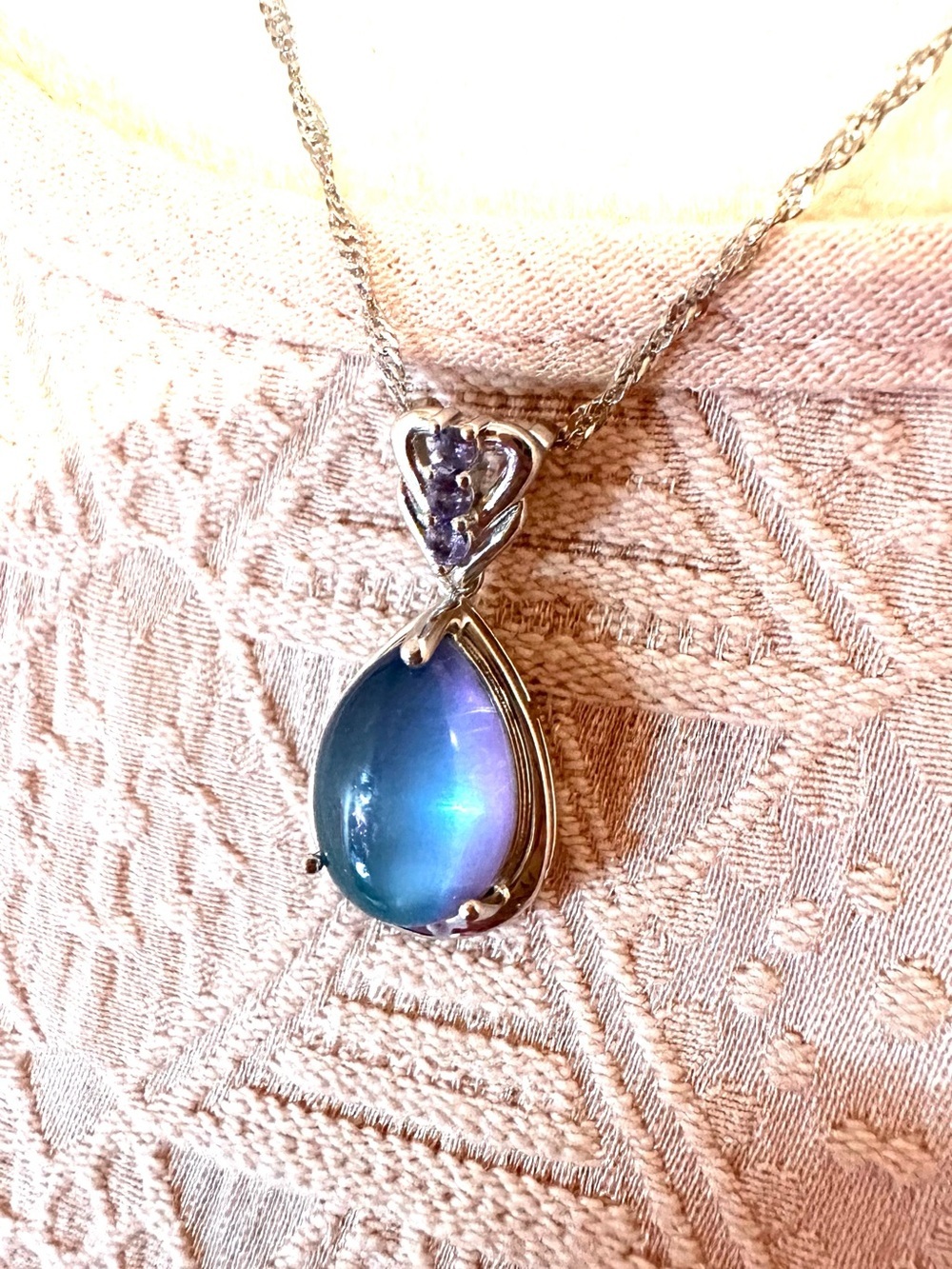 Aurora Moonstone with Blue Tanzanite Sterling Silver Pendant with Chain Necklace - Picture 2 of 16